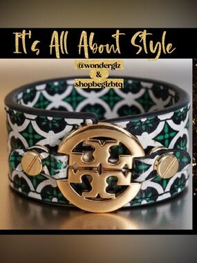 Authentic Tory Burch Cuff in Green Pattern Leather And Gold Signature Logo